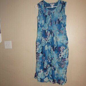 Anthony Richards Blue Floral Smocked Midi Sun Dress Lounge Muumuu L Lightweight